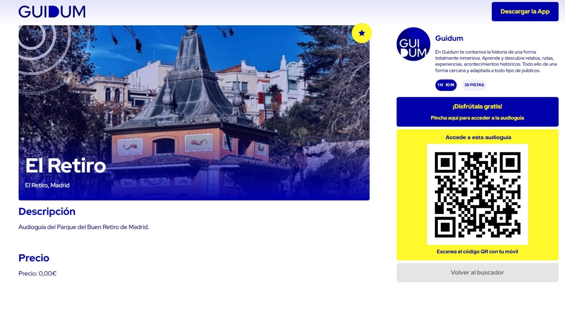 Página web de Guidum mostrando una audioguía gratuita de El Retiro en Madrid